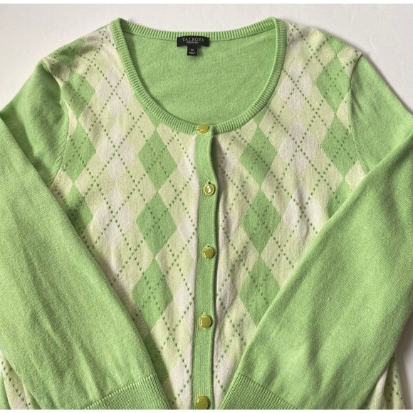 Talbots Cardigan Women M  Lime Green Yellow Argyle Cotton Silk Blend 3/4 Sleeve - Picture 3 of 14